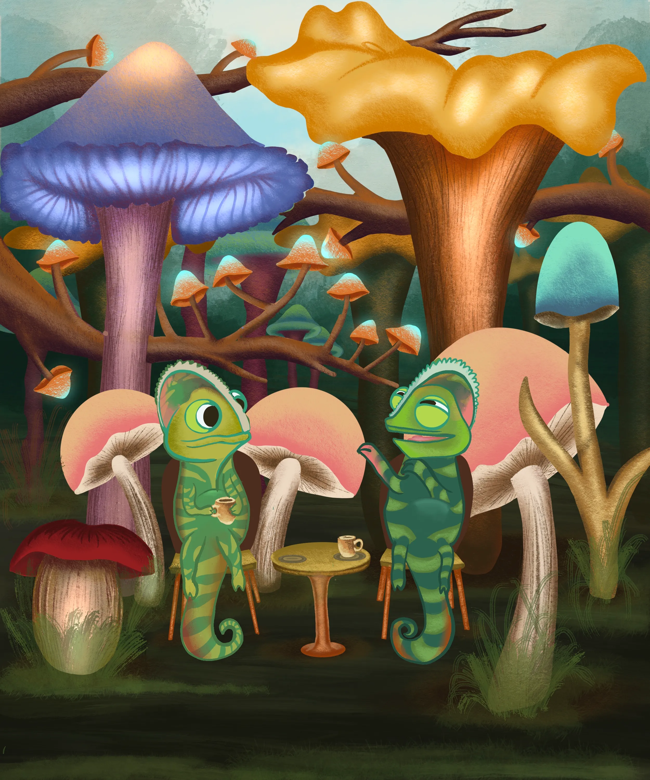 Illustration of chameleons drinking tea - Secondary