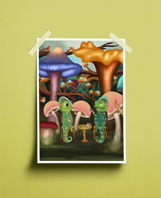 Illustration of chameleons drinking tea