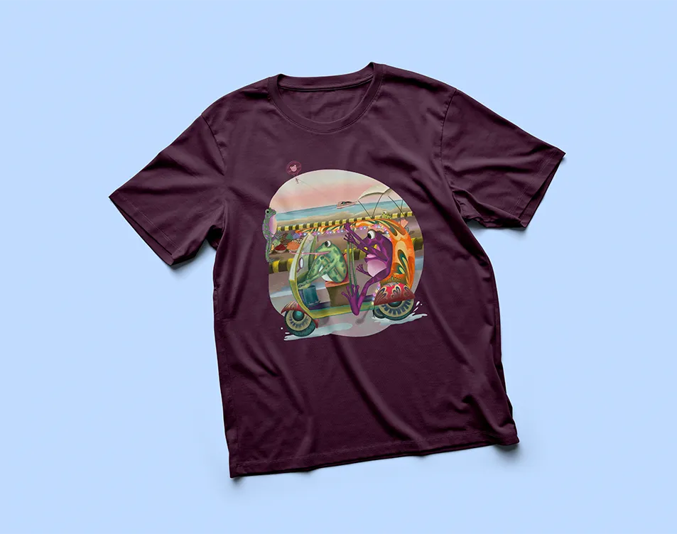 Custom-designed T-shirt featuring frogs on a Rickshaw